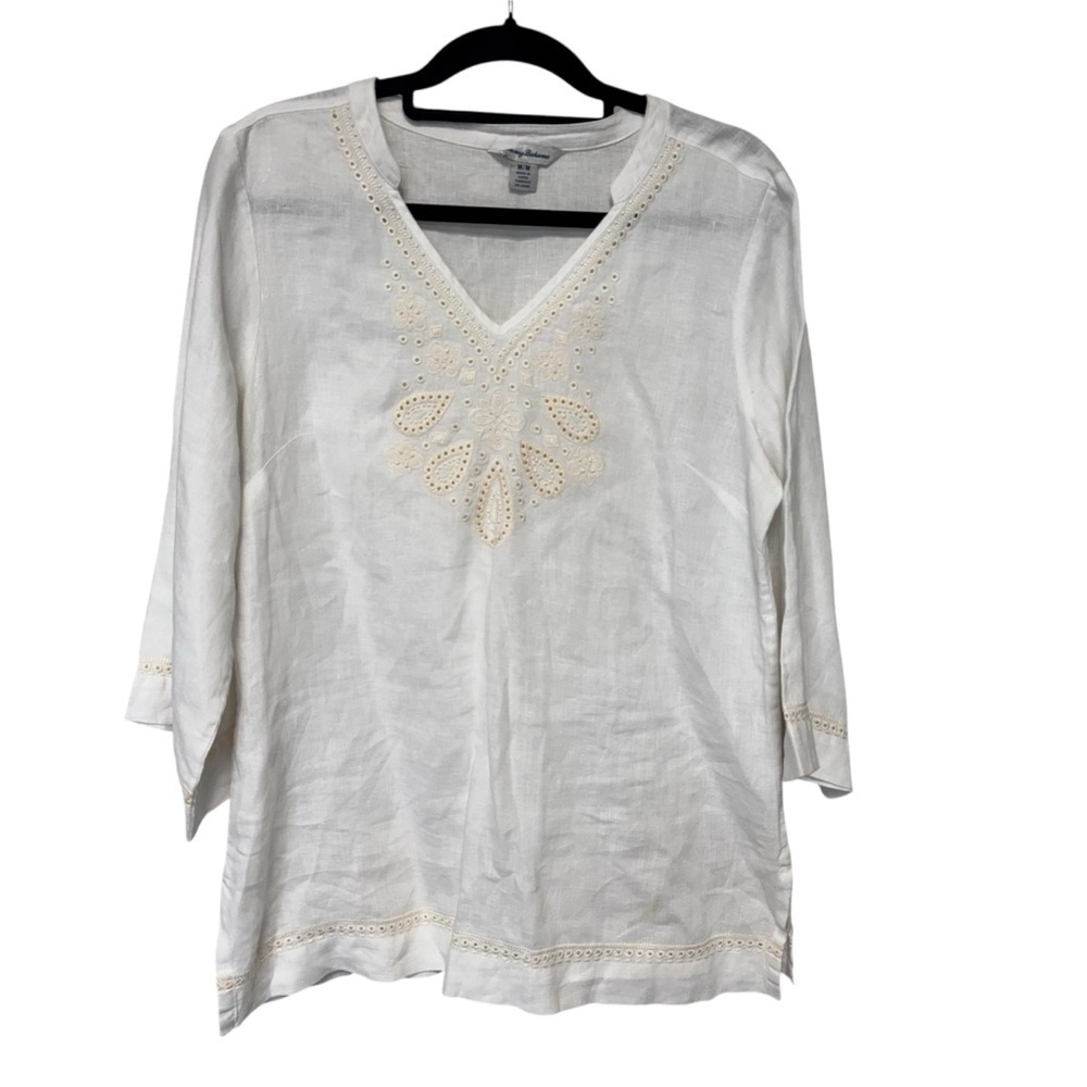 ✅ Tommy Bahama Linen white with Cream Embroidery Tunic top size M